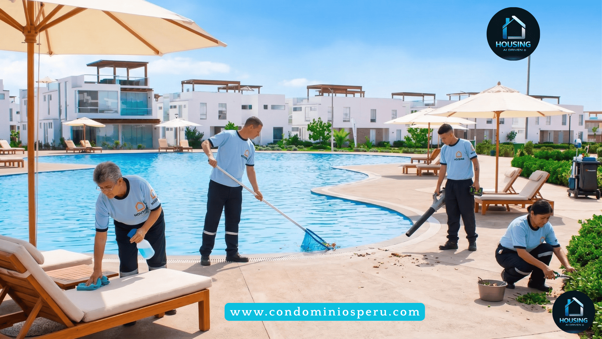 Equipo uniformado Housing SAC realizando limpieza de áreas comunes en condominio